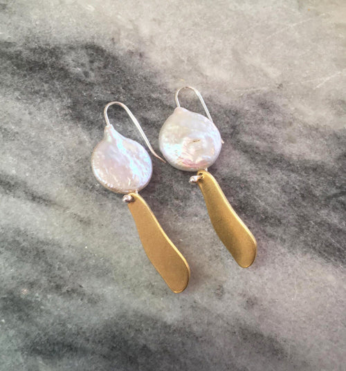 Avah earrings, brass, pearl and silver hooks
