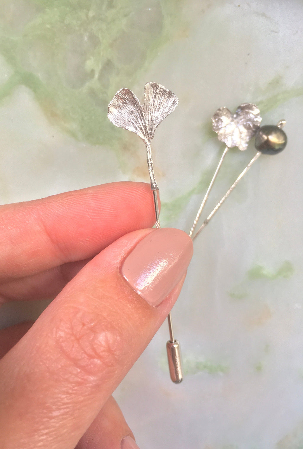 Daya brooches, Ginkgo - Ivy - Pearl