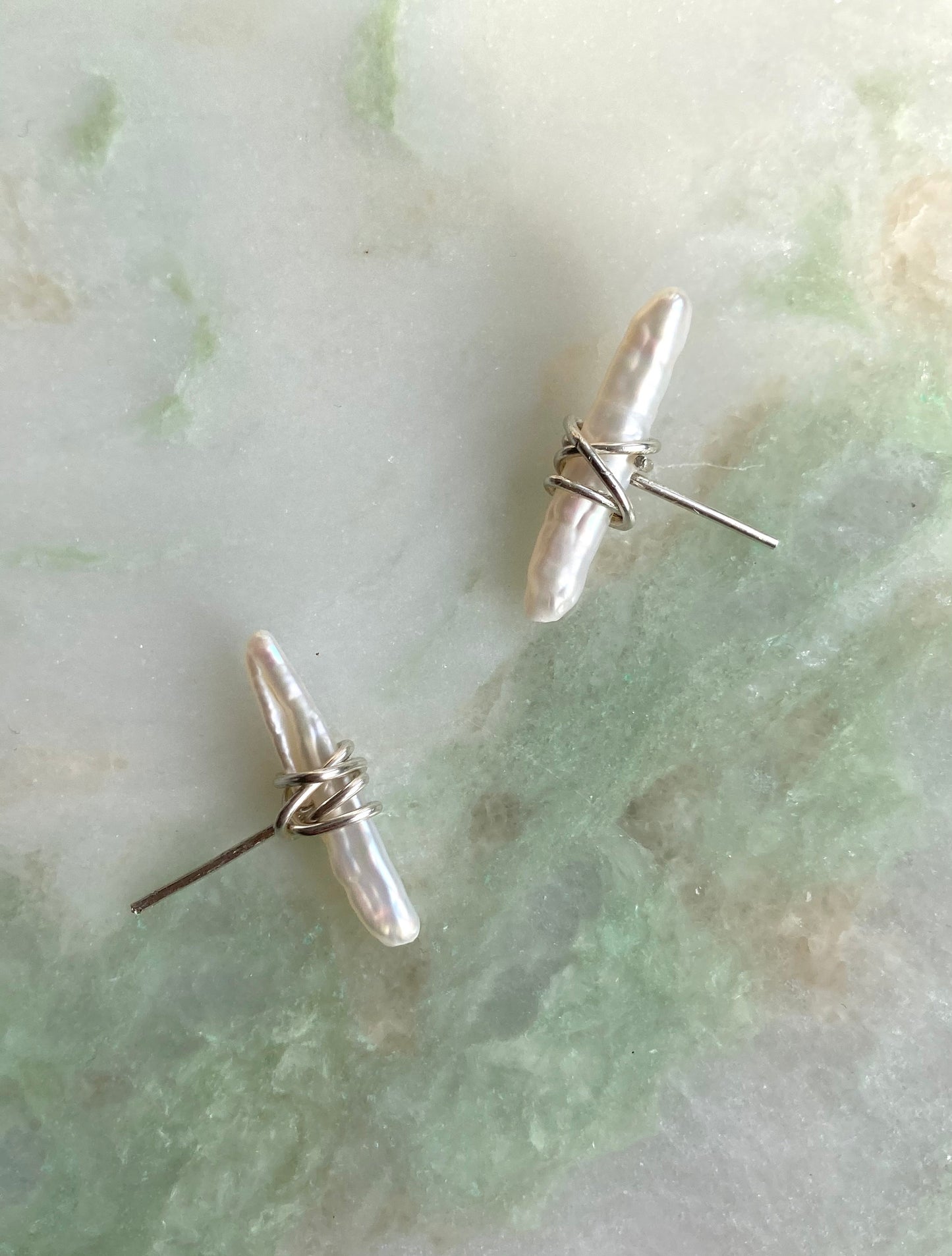 Edua earrings, pearl and silver wrap earrings