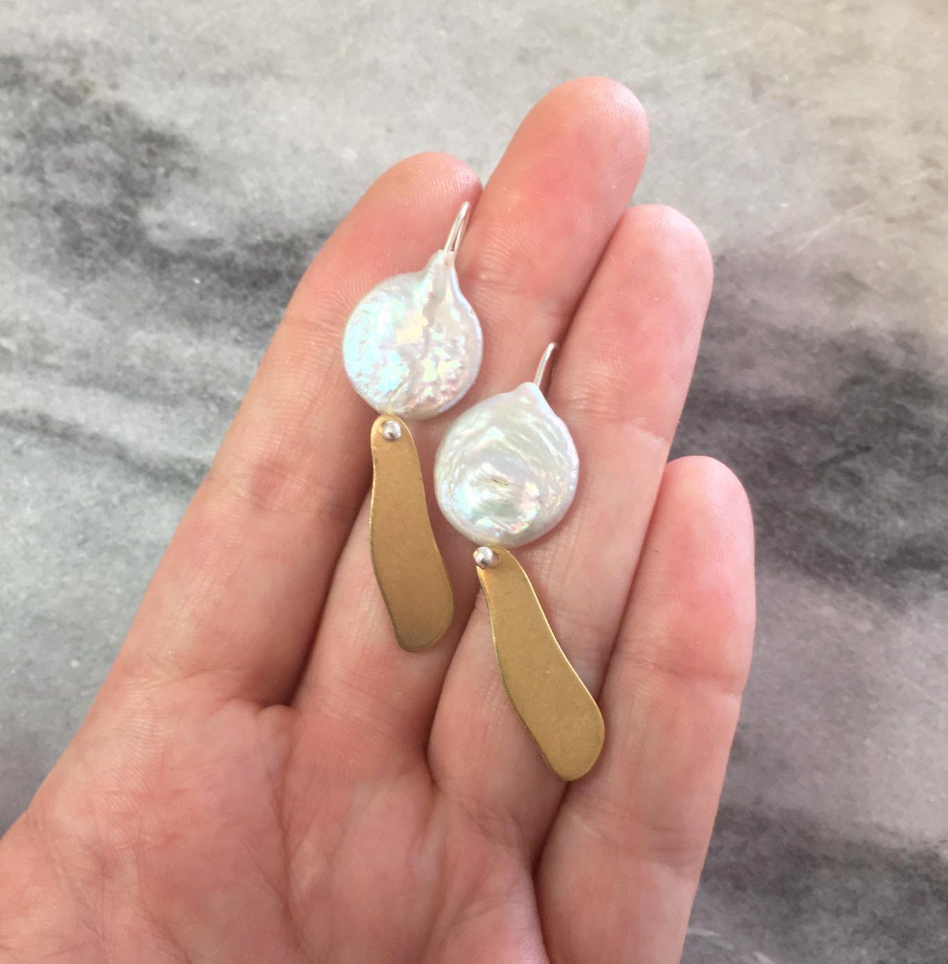 Avah earrings, brass, pearl and silver hooks