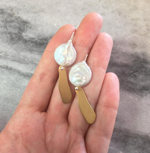 Avah earrings, brass, pearl and silver hooks