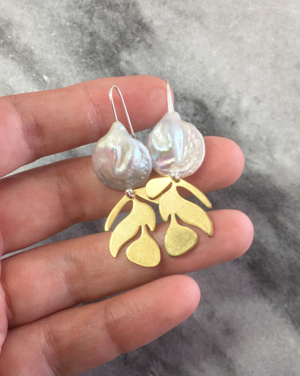 Brass leaf earrings, with pearl and silver hooks