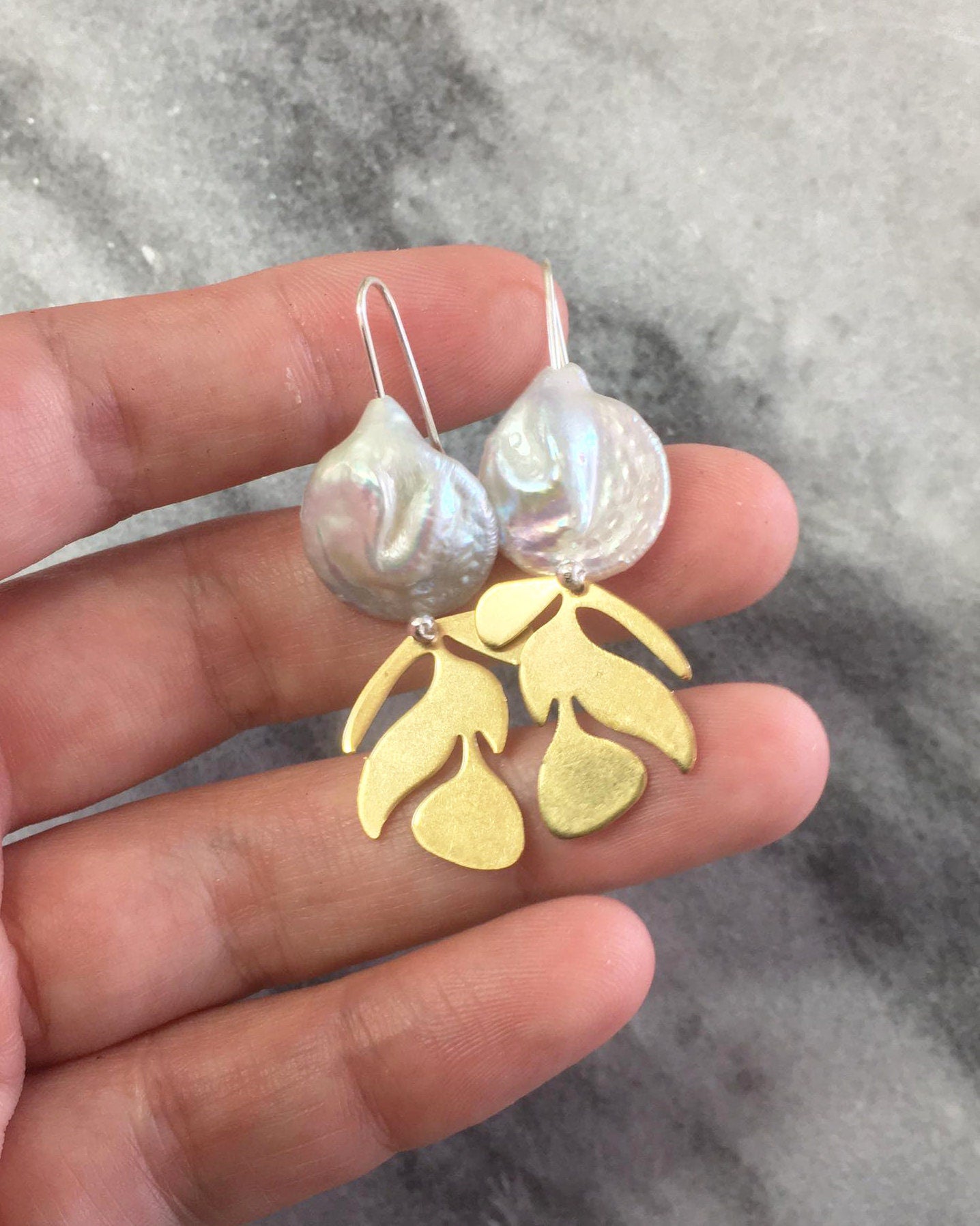 Brass leaf earrings, with pearl and silver hooks