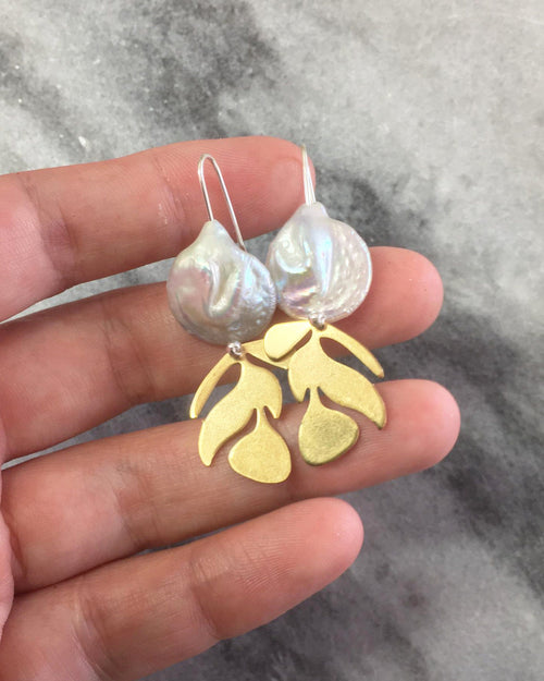 Brass leaf earrings, with pearl and silver hooks