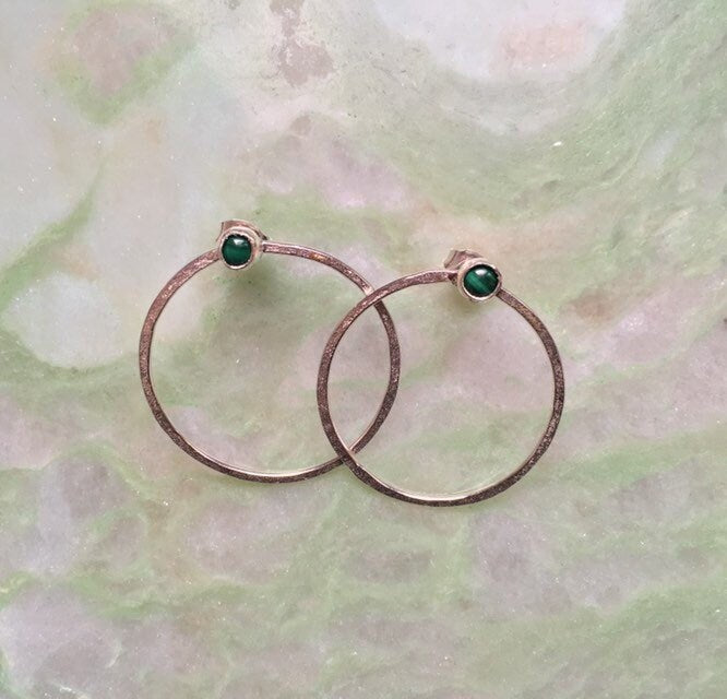 Large sterling silver circle earrings, Malachite