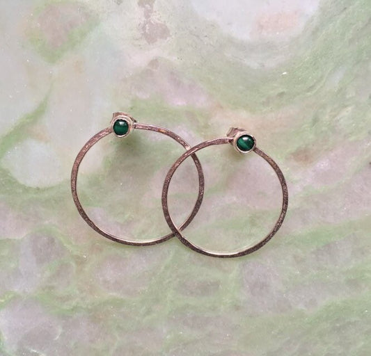 Large sterling silver circle earrings, Malachite