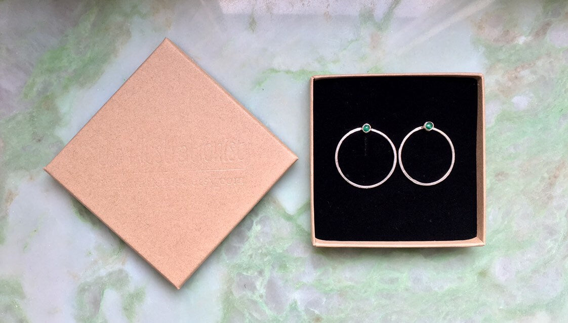 Large sterling silver circle earrings, Malachite
