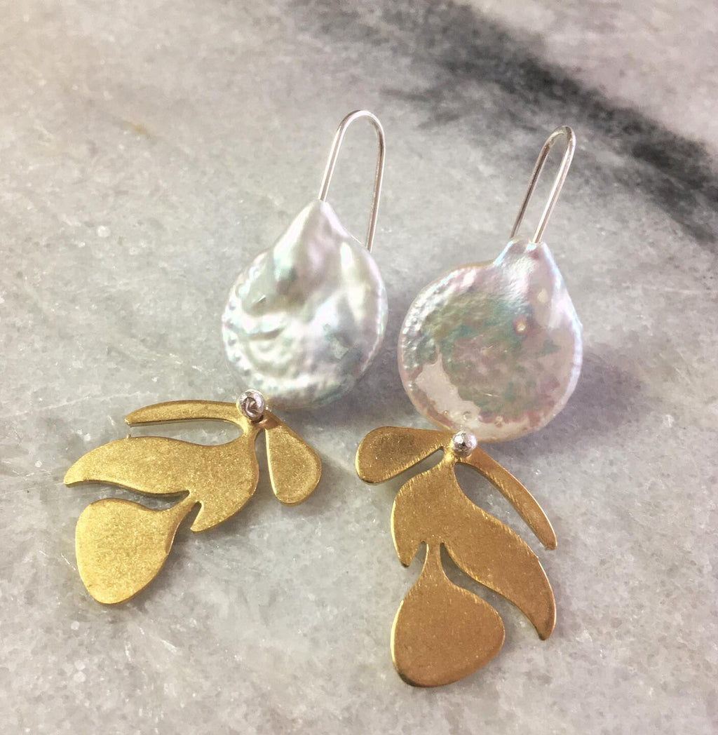 Brass leaf earrings, with pearl and silver hooks
