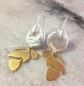 Brass leaf earrings, with pearl and silver hooks
