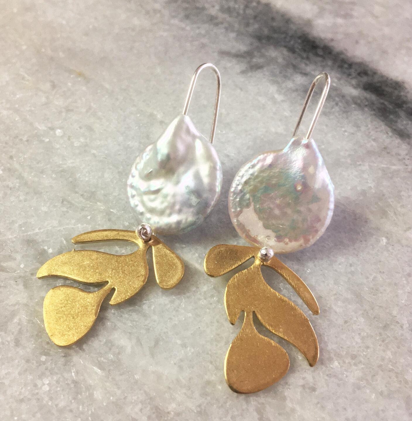 Brass leaf earrings, with pearl and silver hooks