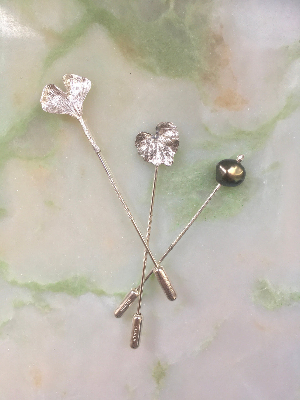 Daya brooches, Ginkgo - Ivy - Pearl