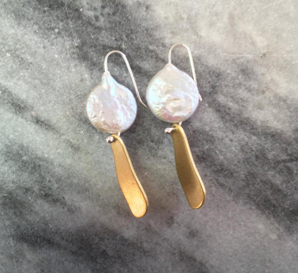 Avah earrings, brass, pearl and silver hooks