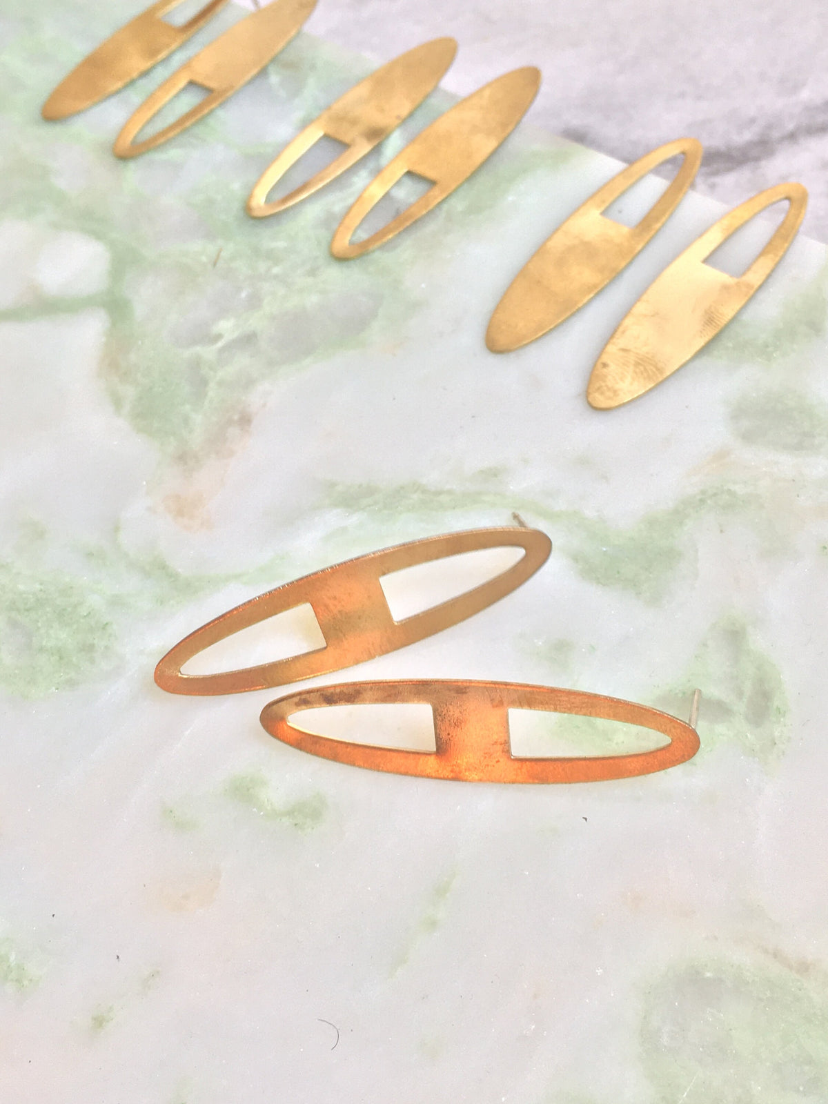 Nyla earrings, brass and Eco sterling silver long oval earrings, irregular earrings