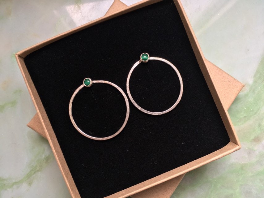 Large sterling silver circle earrings, Malachite