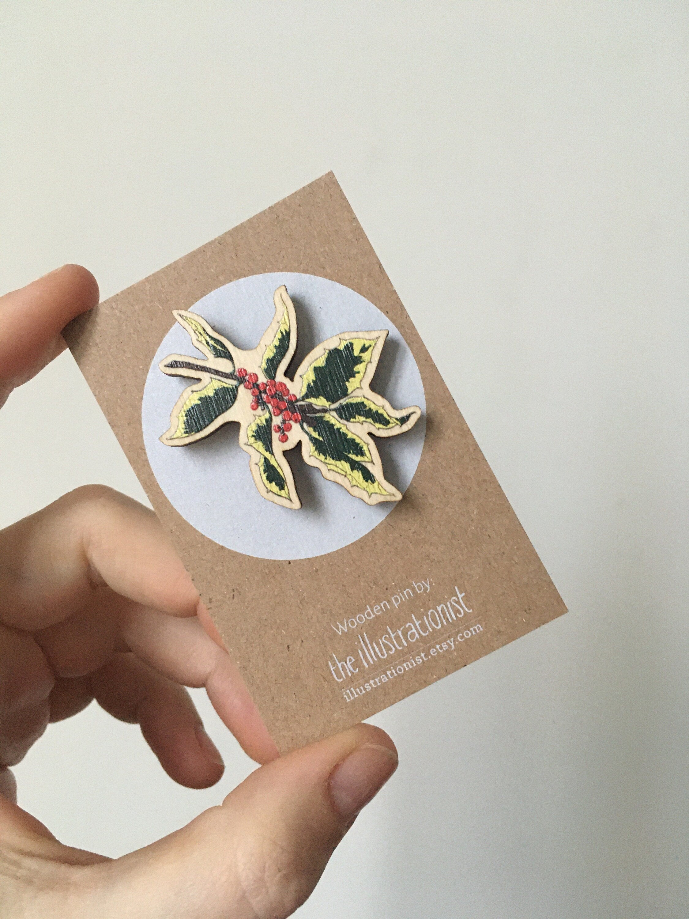 Christmas Wooden Holly Pin
