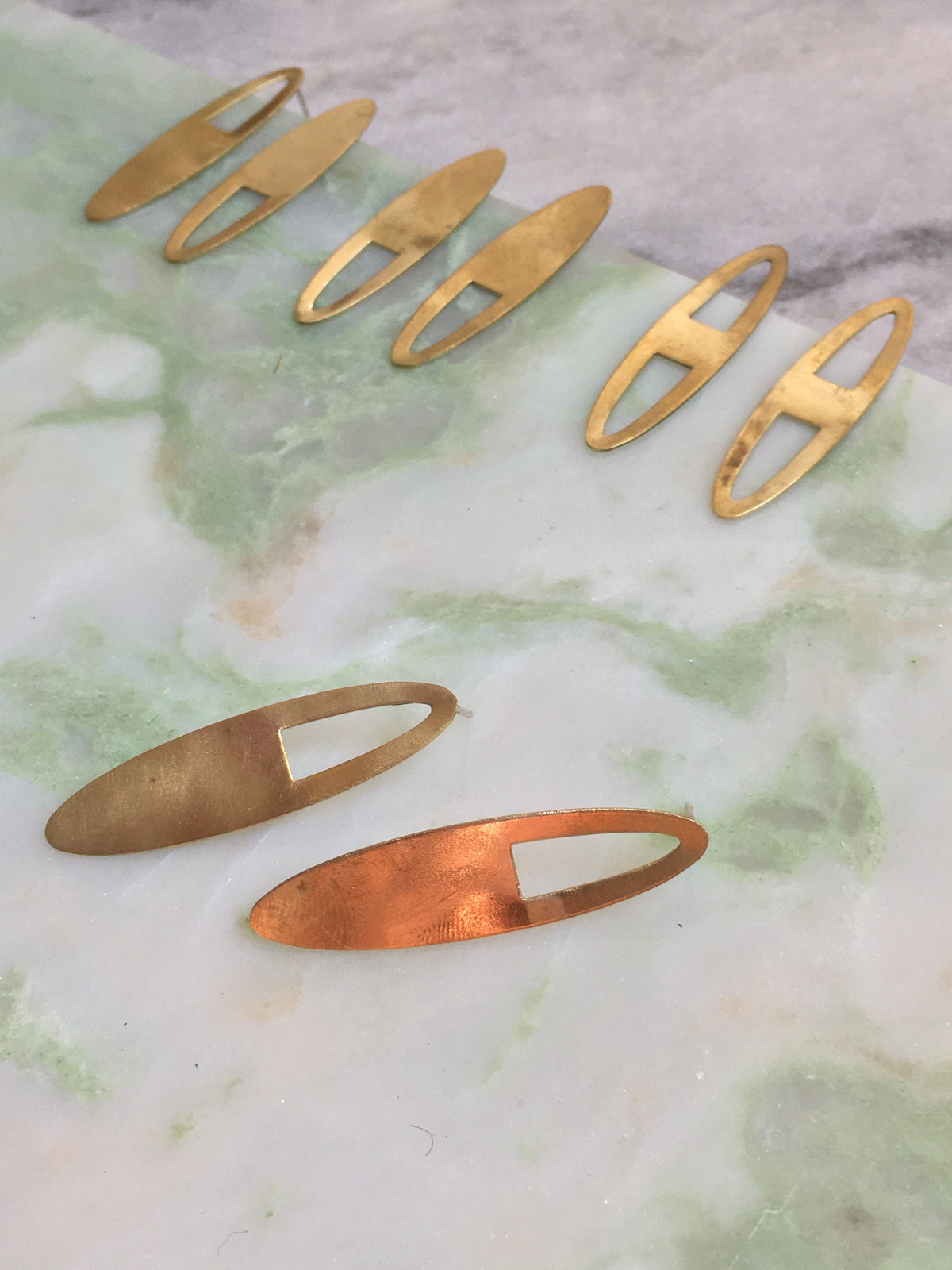 Nyla earrings, brass and Eco sterling silver long oval earrings, irregular earrings