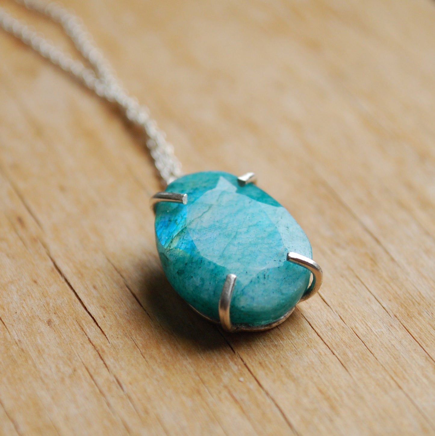 Rose necklace, eco sterling silver green moonstone necklace