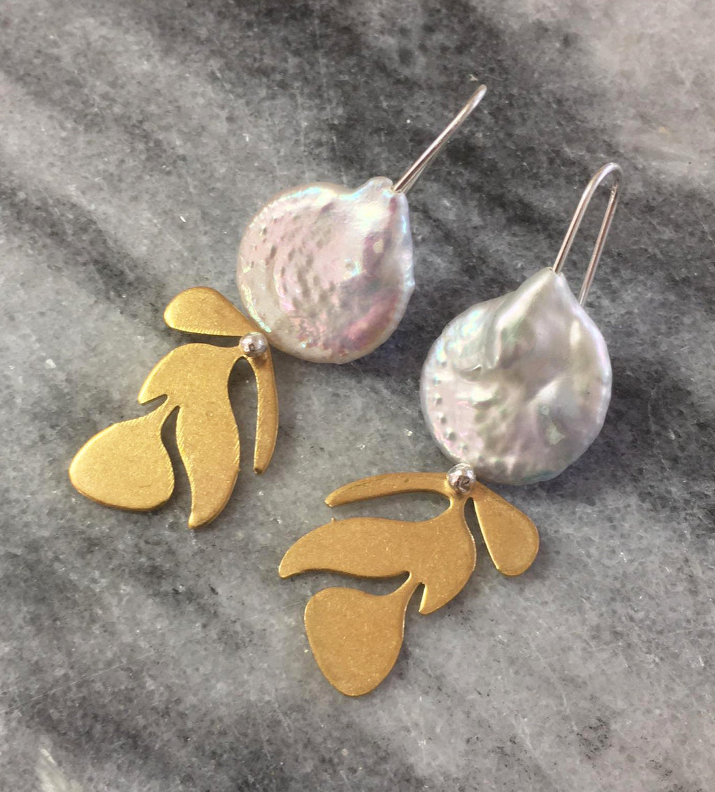 Brass leaf earrings, with pearl and silver hooks