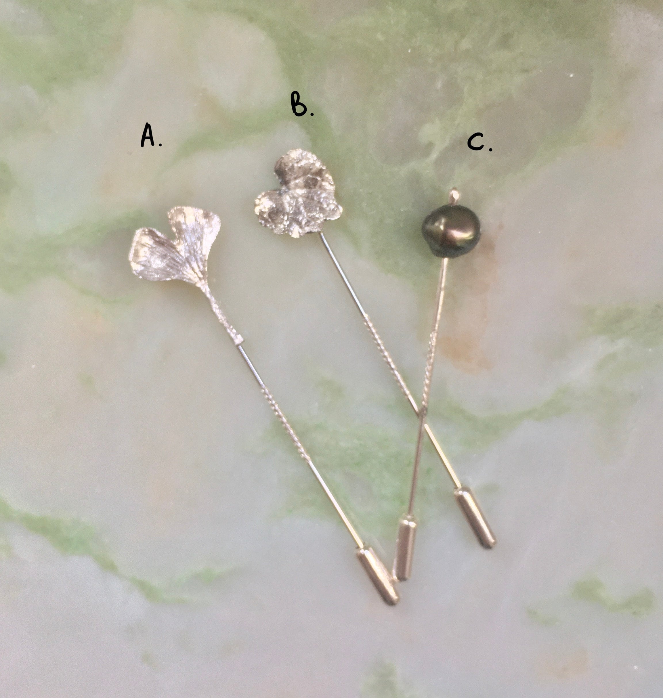 Daya brooches, Ginkgo - Ivy - Pearl