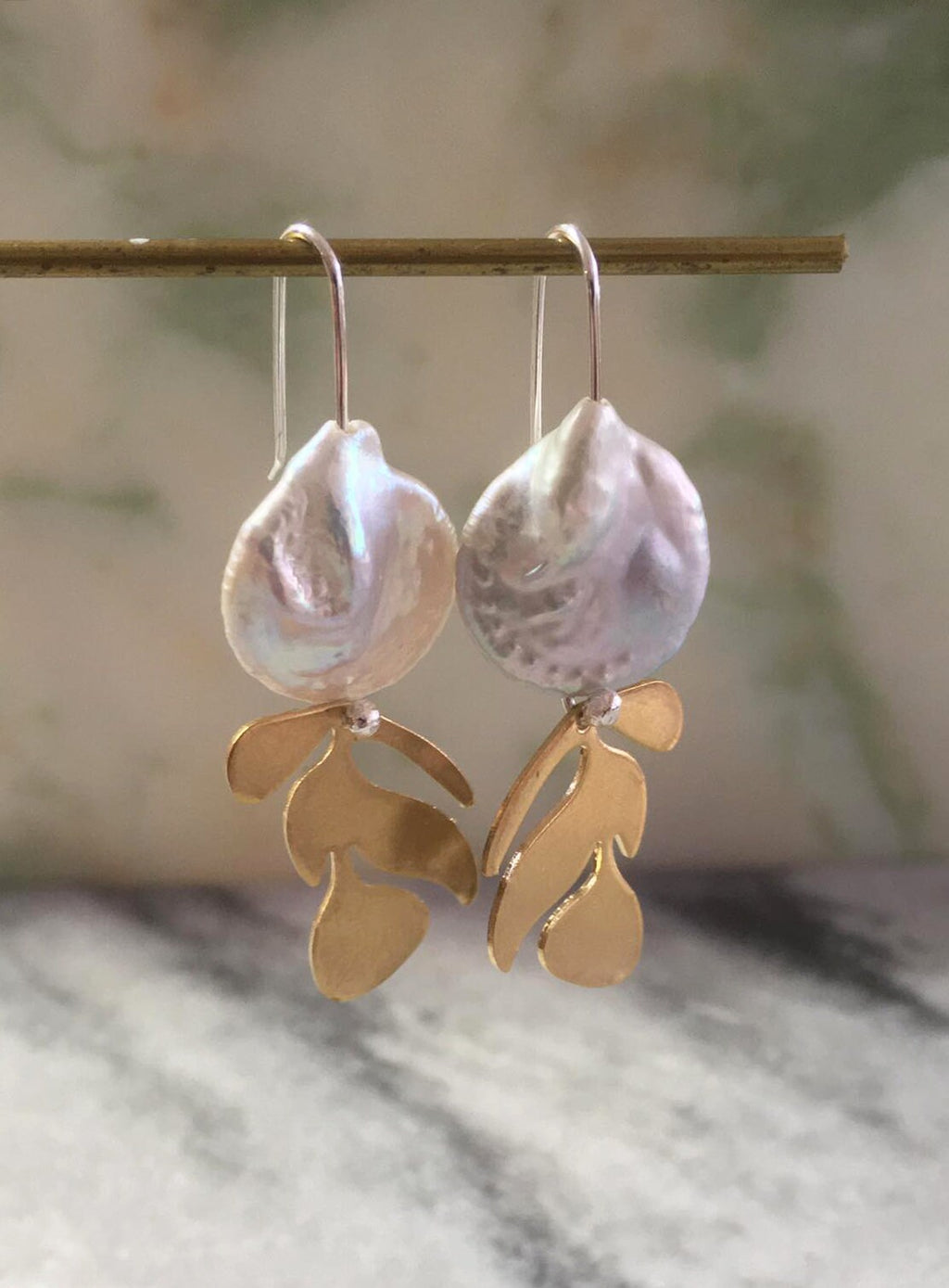 Brass leaf earrings, with pearl and silver hooks