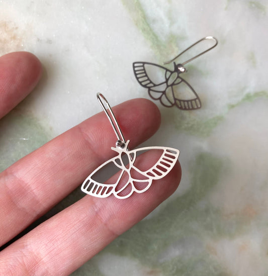 Moth earrings, Eco sterling silver moth dangle earrings stainless steel