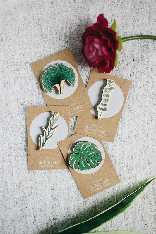 Wooden Plant Pins, Willow, Eucalyptus, Ginkgo or Monstera