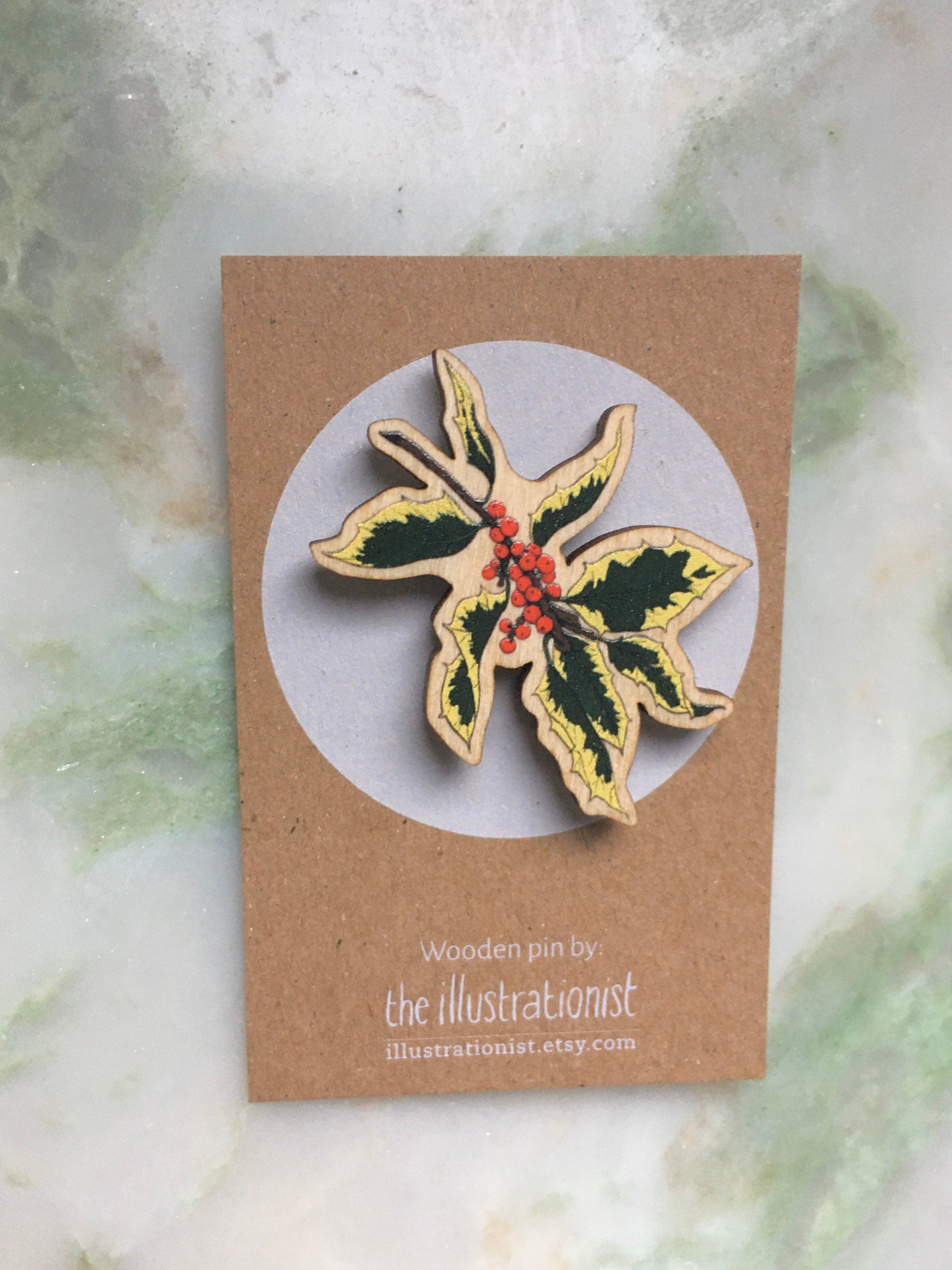 Christmas Wooden Holly Pin