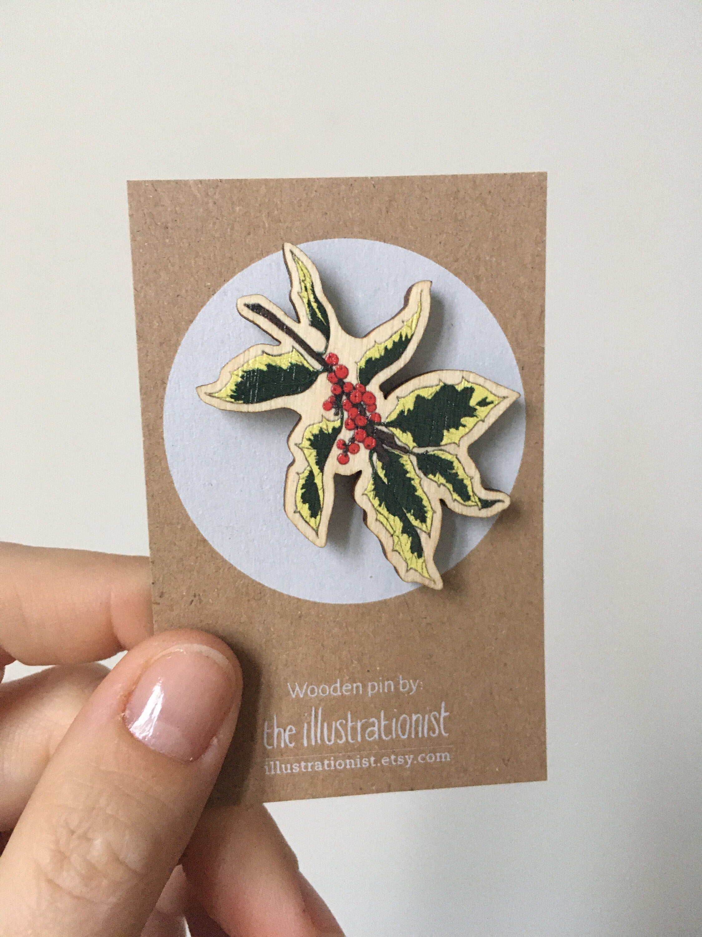 Christmas Wooden Holly Pin