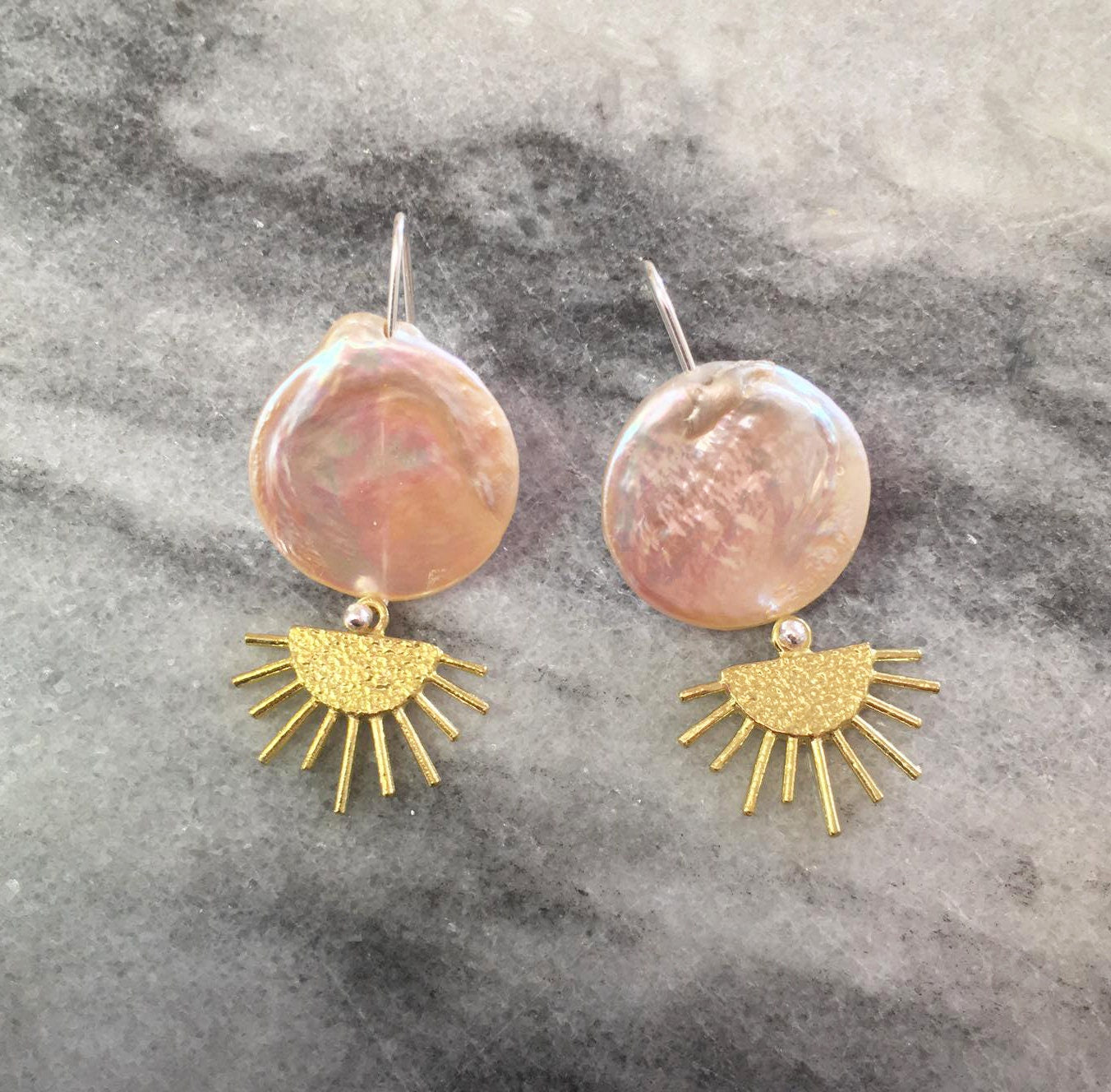 Mica earrings, brass, pearl and silver hooks