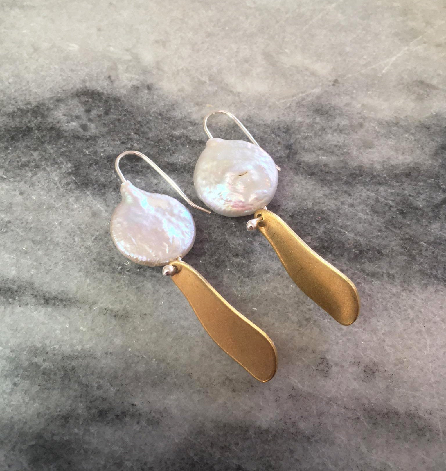 Avah earrings, brass, pearl and silver hooks