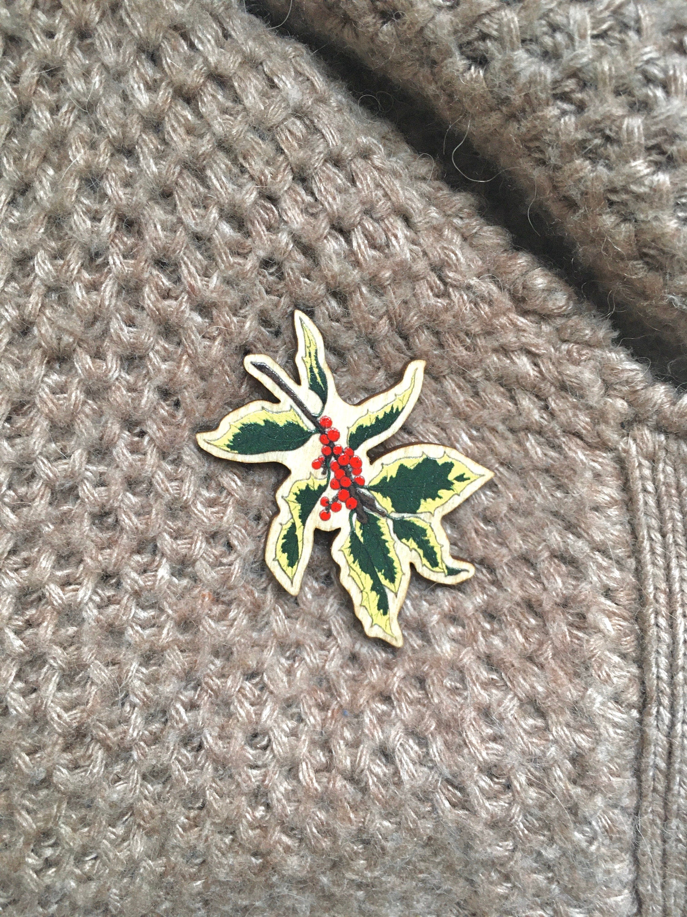 Christmas Wooden Holly Pin