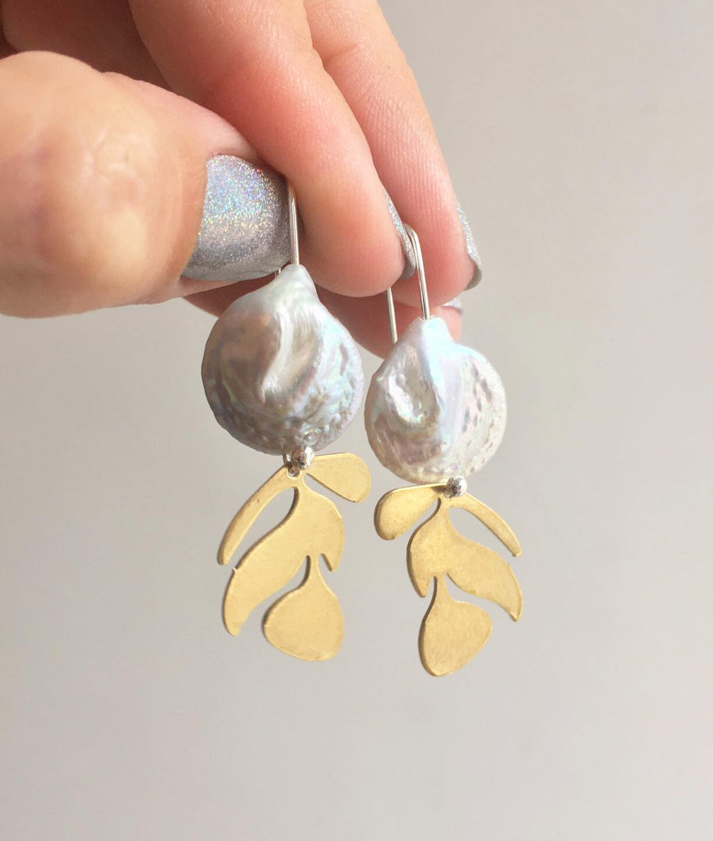 Brass leaf earrings, with pearl and silver hooks