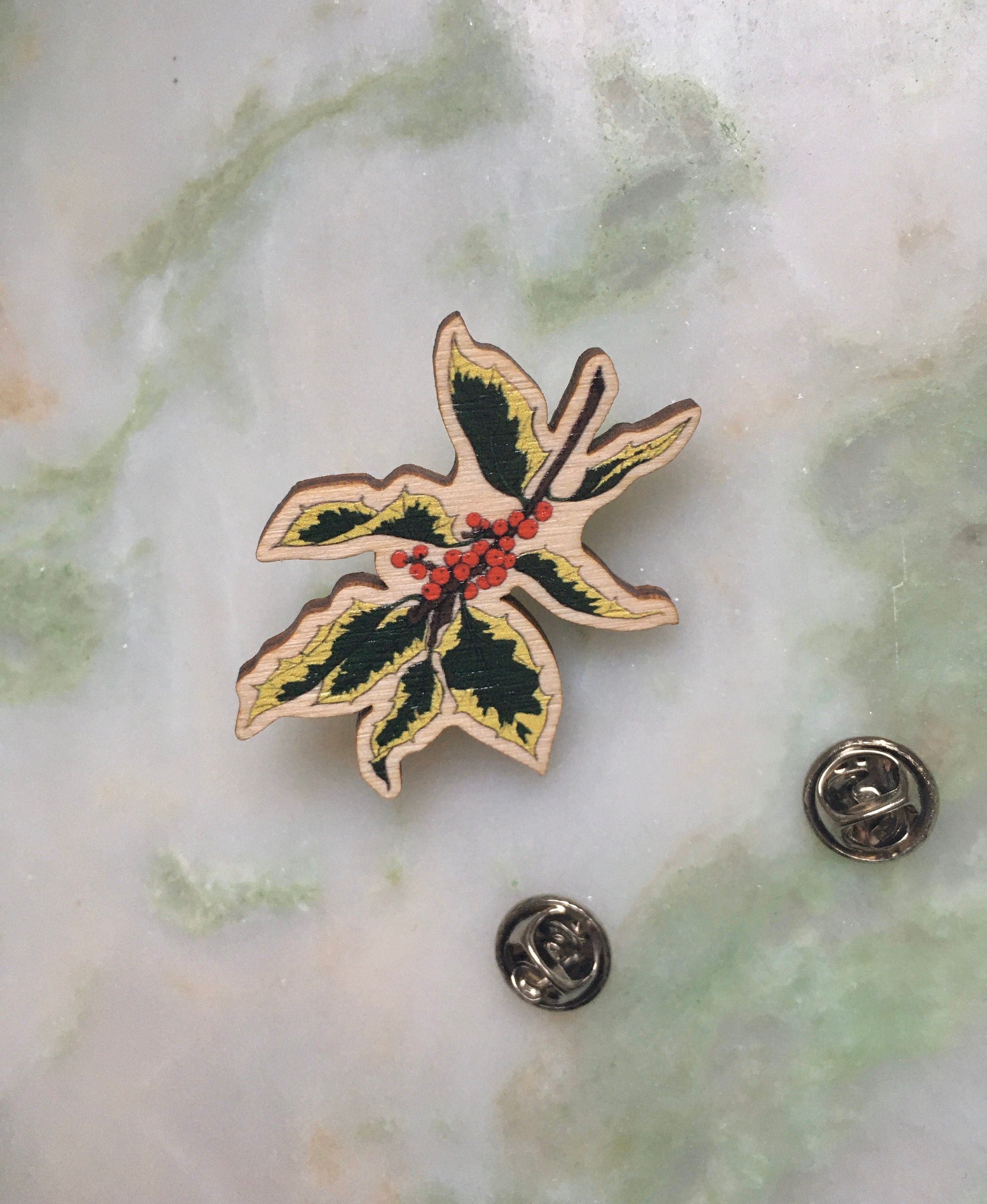 Christmas Wooden Holly Pin